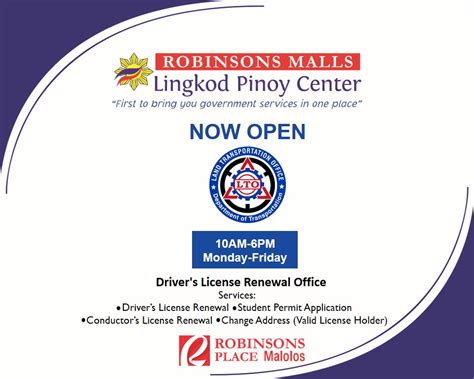 robinsons malolos lto|LTO Driver's License Renewal Office is .